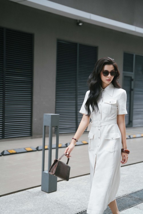 Sixdo Off White Linen Flared Dress